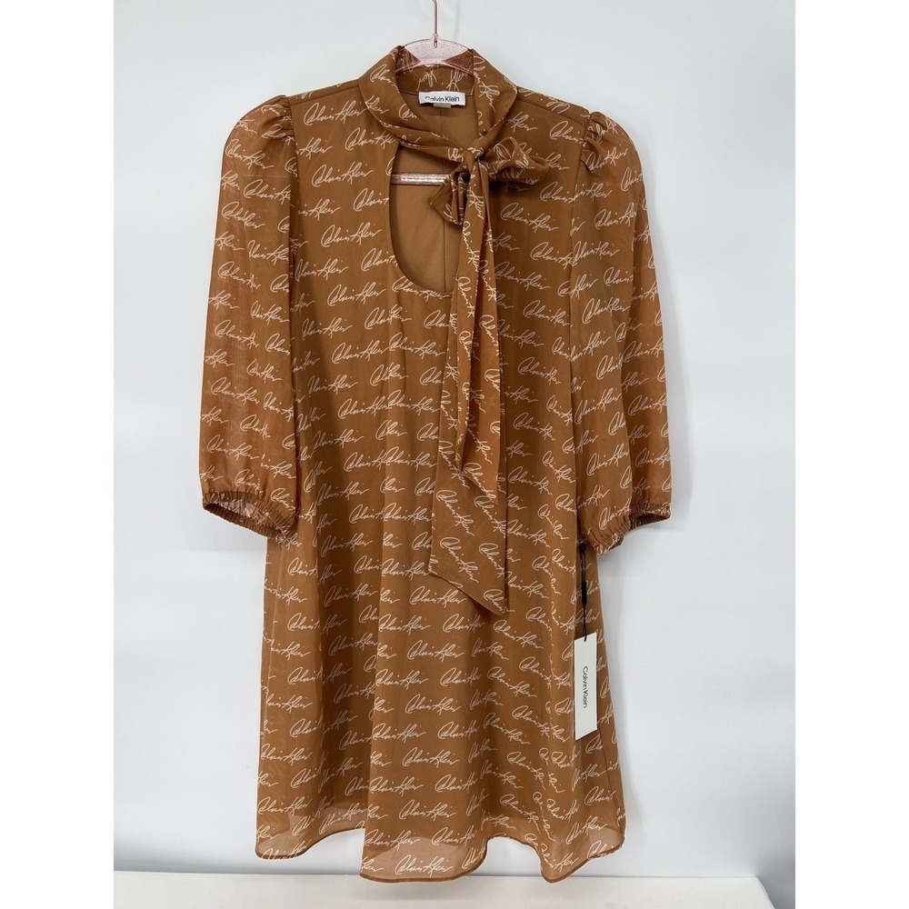 Calvin Klein Womens Dress Sz 2 Brown Sheer Long Sleeve Tie Neck Signature Print